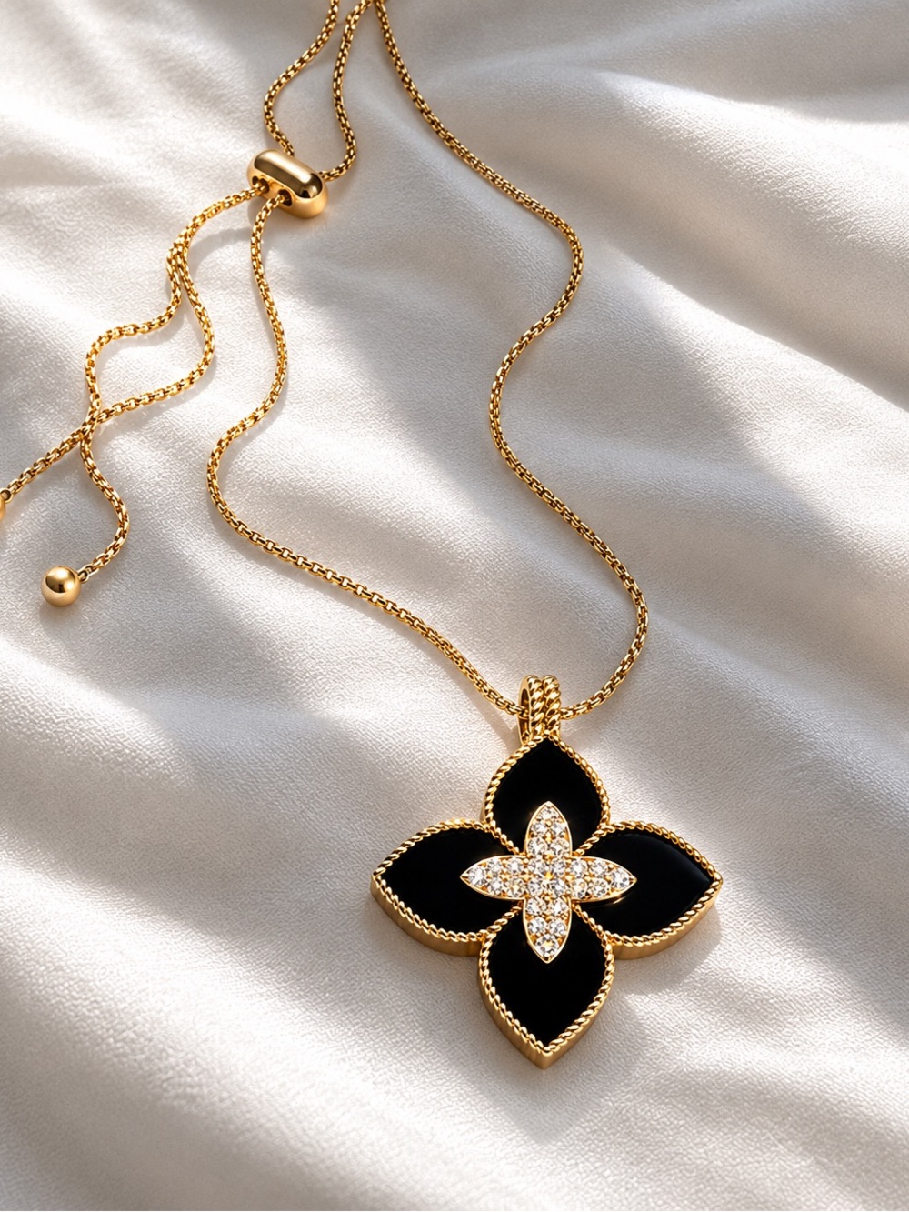 NWOT Juvell Gold Plated Lab-Grown Black Onyx CZ Clover Necklace